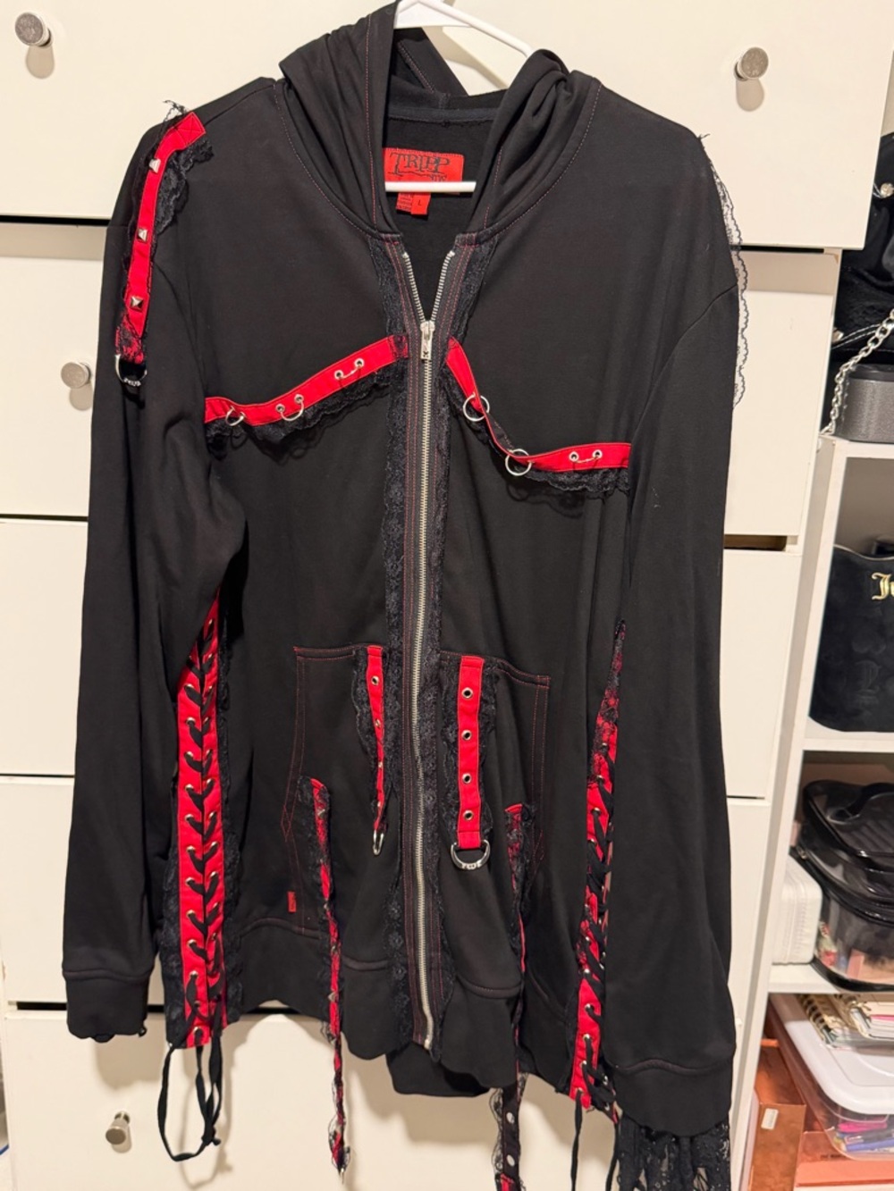 Tripp NYC Black Hoodie with Red Lace-Up & Ring Details
